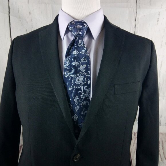 Marc Anthony Slim Fit 44R Wool Blend Stitched Lapel 2 Button Black Suit Jacket - Picture 3 of 11